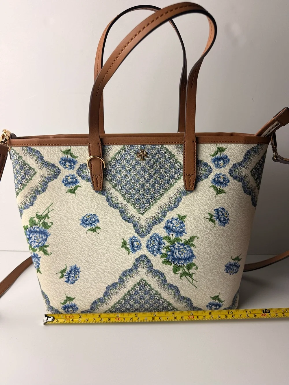 Tory Burch Kerrington Small Zip Tote Terrace Ditsy Floral Cloud Blue Brown